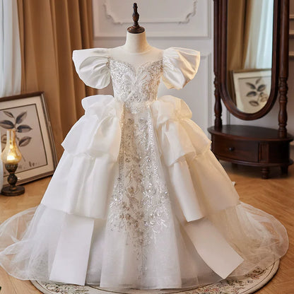 A-Line White Satin Maxi Dress for Girls – Tiered Skirt & Bow Flower Girl Gown