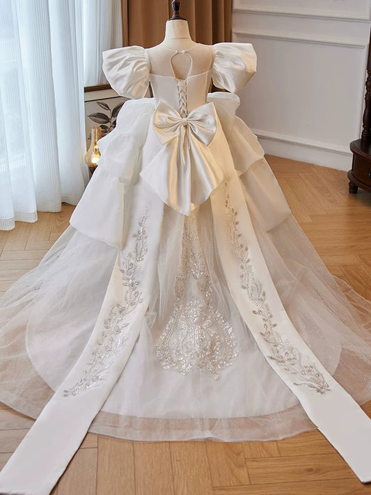 A-Line White Satin Maxi Dress for Girls – Tiered Skirt & Bow Flower Girl Gown