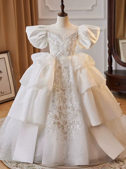 A-Line White Satin Maxi Dress for Girls – Tiered Skirt & Bow Flower Girl Gown