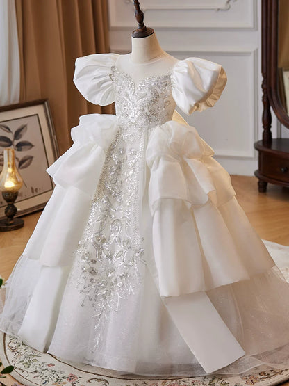 A-Line White Satin Maxi Dress for Girls – Tiered Skirt & Bow Flower Girl Gown