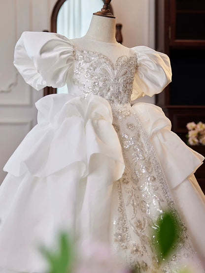 A-Line White Satin Maxi Dress for Girls – Tiered Skirt & Bow Flower Girl Gown