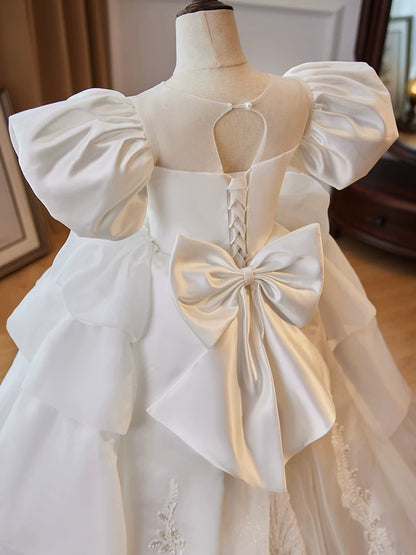A-Line White Satin Maxi Dress for Girls – Tiered Skirt & Bow Flower Girl Gown
