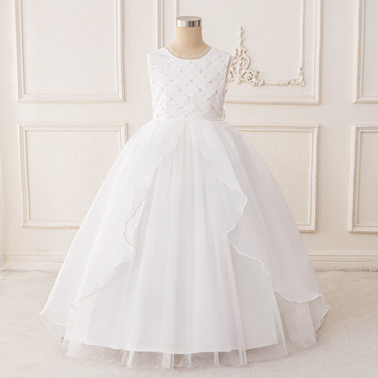 White A-Line Tulle Maxi Dress for Girls with Sequins and Beads | Party & Formal Occasion Gown