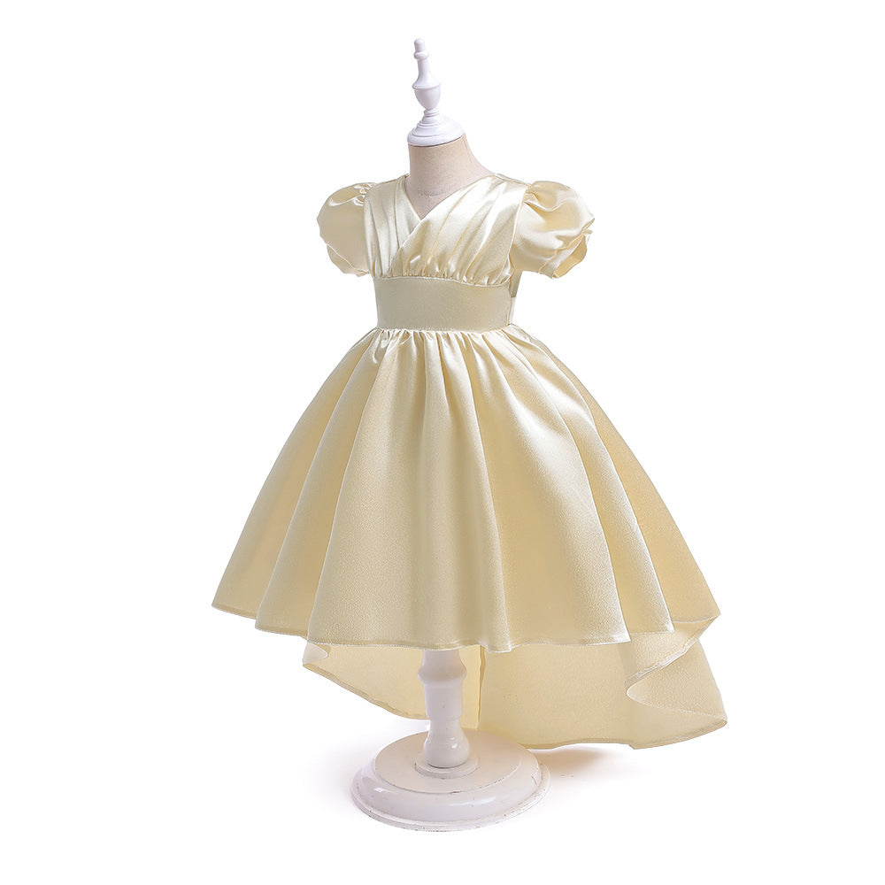 A-line Satin Princess Dress with Puff Sleeves for Girls | V-Neck High-Low Flower Girl Gown