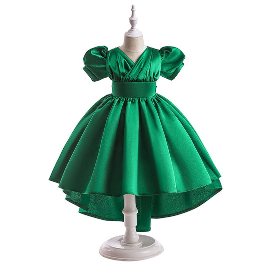 A-line Satin Princess Dress with Puff Sleeves for Girls | V-Neck High-Low Flower Girl Gown