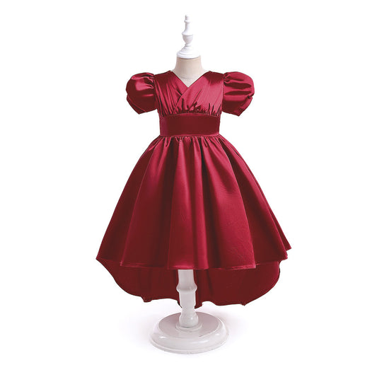 A-line Satin Princess Dress with Puff Sleeves for Girls | V-Neck High-Low Flower Girl Gown