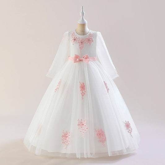 Cute White A-Line Tulle Maxi Dress for Girls with Bow & Sequins - Perfect Party & Flower Girl Gown