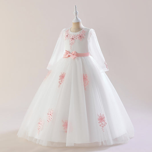 Cute White A-Line Tulle Maxi Dress for Girls with Bow & Sequins - Perfect Party & Flower Girl Gown