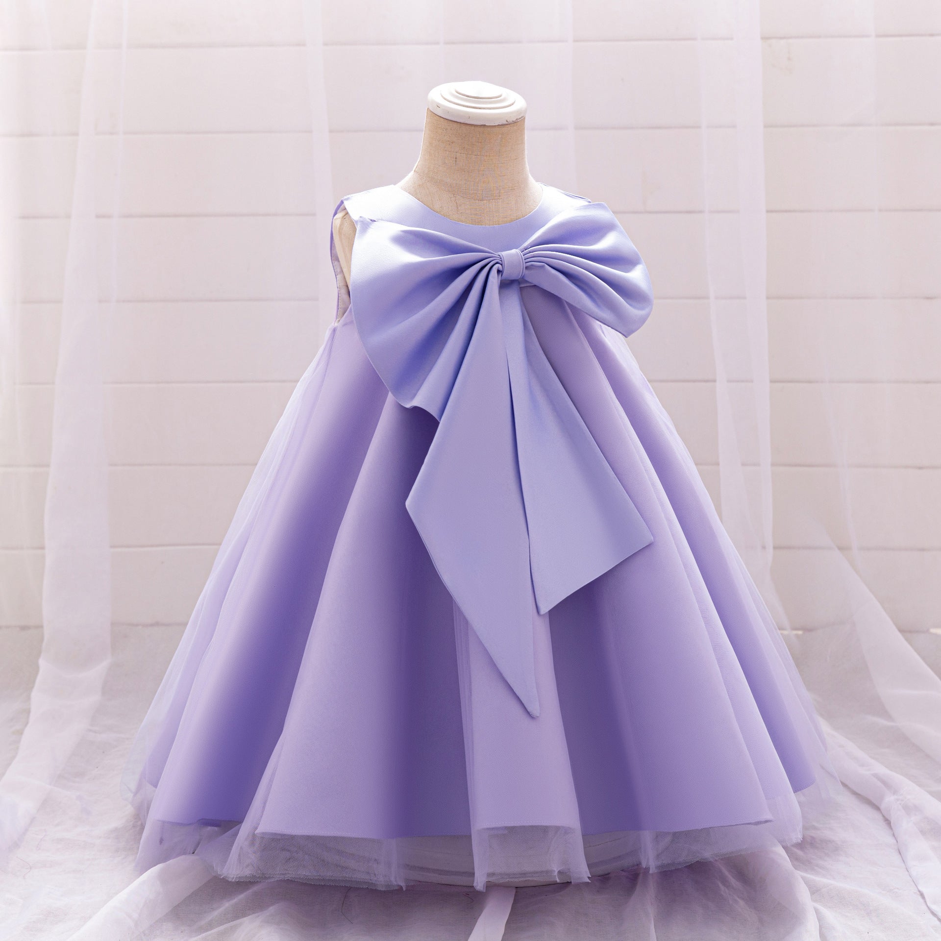 Red Bowknot A-Line Mesh & Satin Toddler Dress – Party & Birthday Outfit for Girls