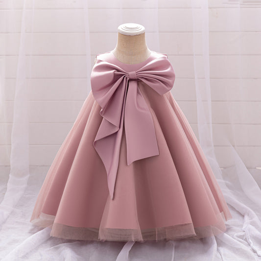 Red Bowknot A-Line Mesh & Satin Toddler Dress – Party & Birthday Outfit for Girls