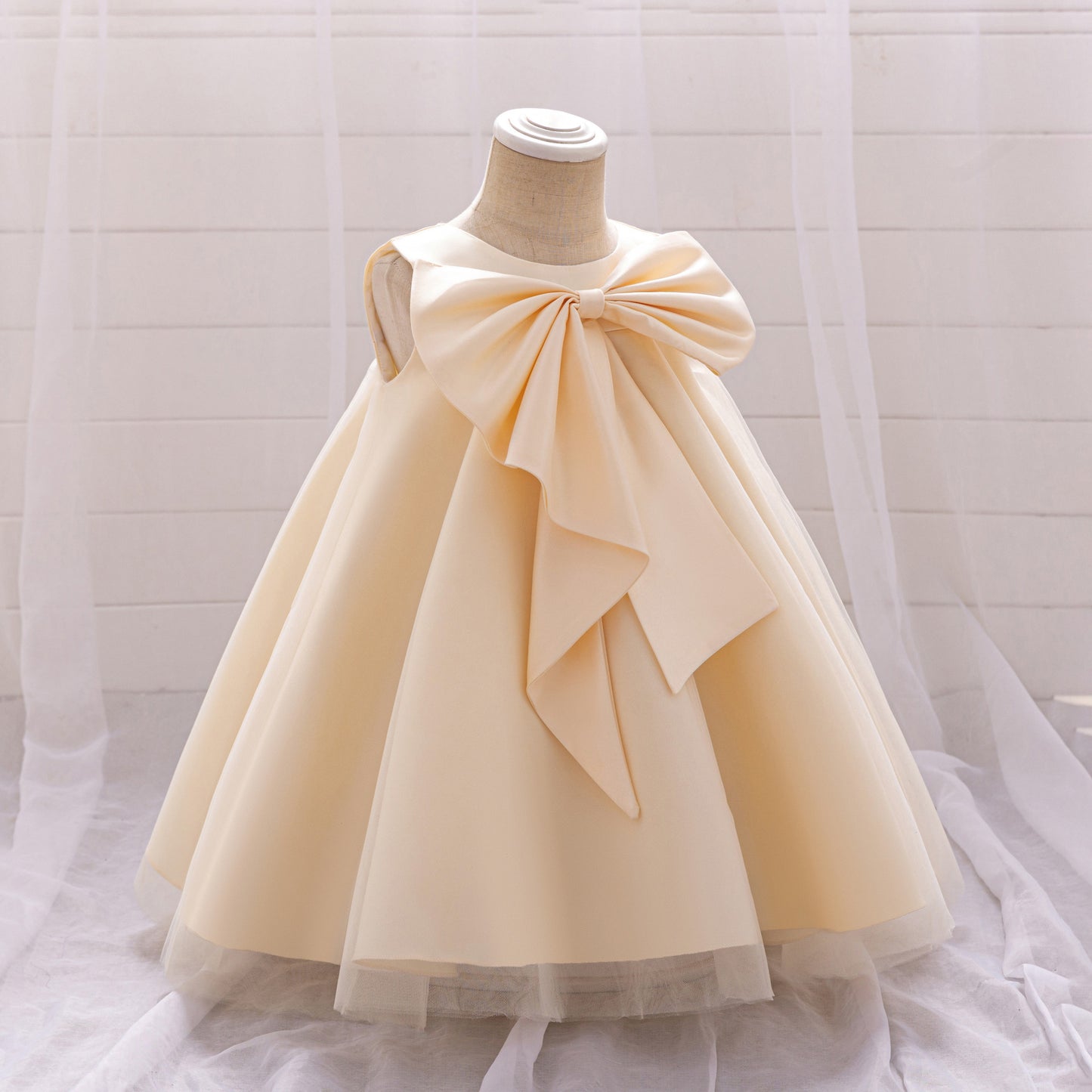 Red Bowknot A-Line Mesh & Satin Toddler Dress – Party & Birthday Outfit for Girls
