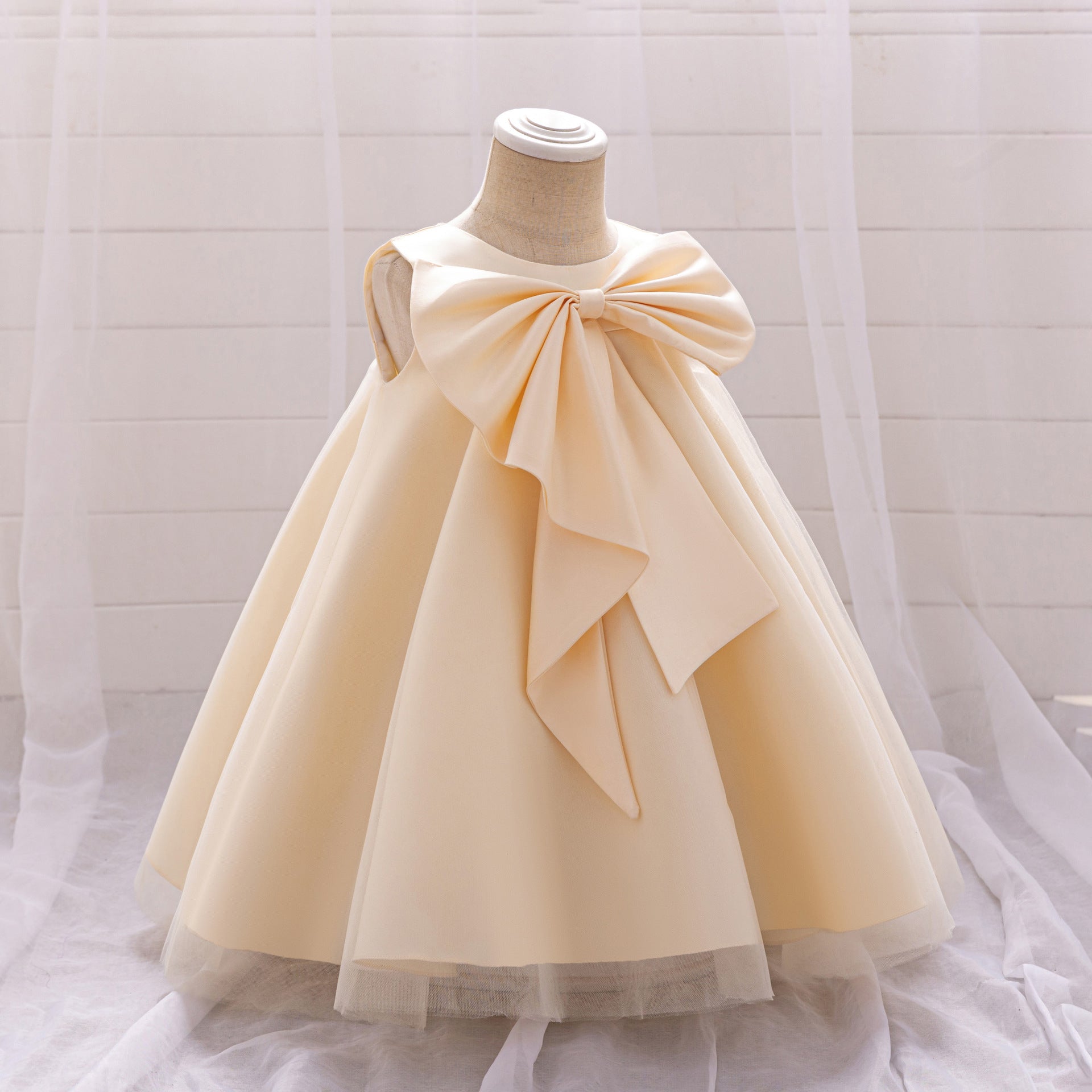 Red Bowknot A-Line Mesh & Satin Toddler Dress – Party & Birthday Outfit for Girls