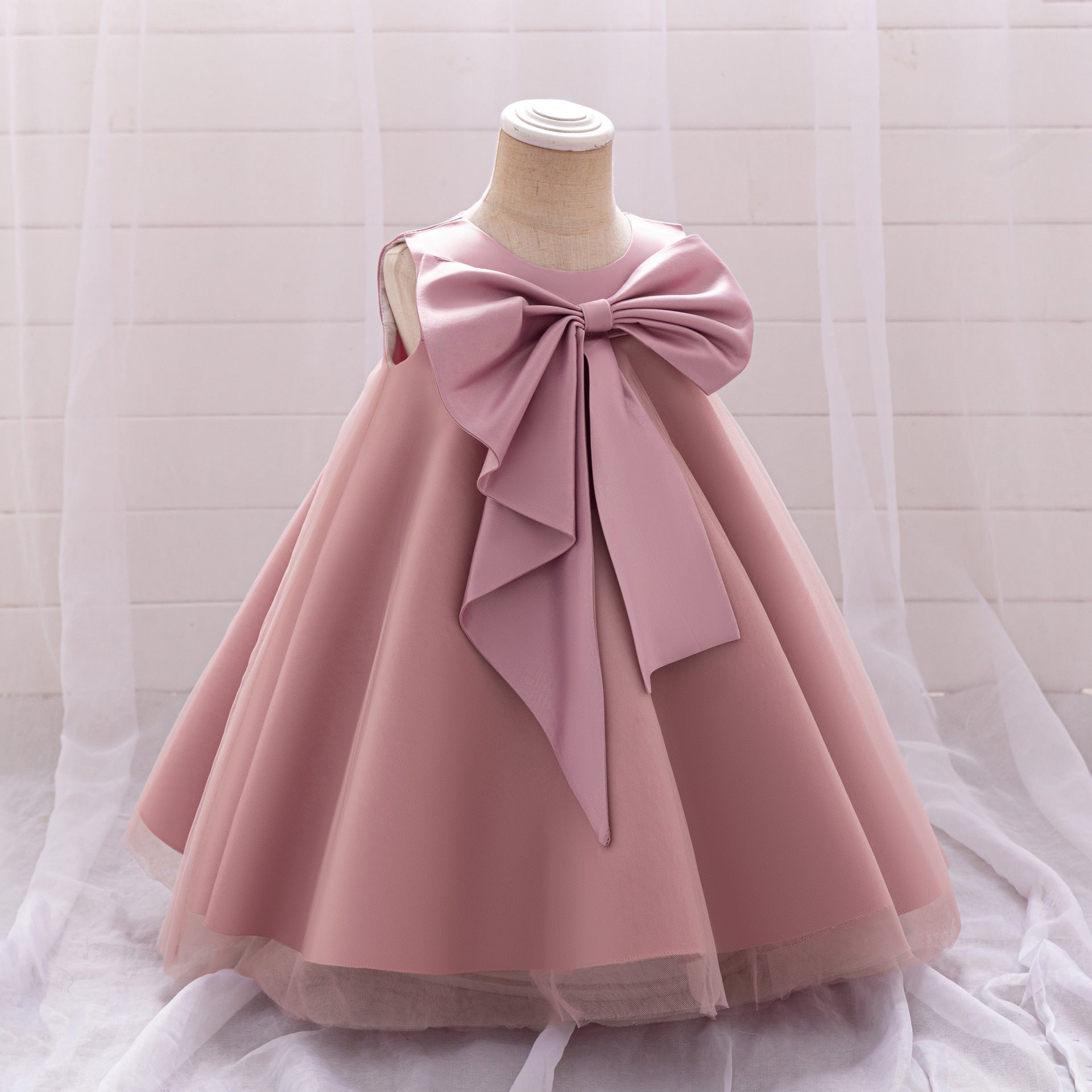 Red Bowknot A-Line Mesh & Satin Toddler Dress – Party & Birthday Outfit for Girls