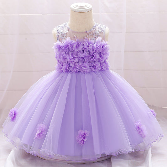 A-line Off Shoulder Tulle Baby Girl Dress | Cute Floral Applique Princess Gown