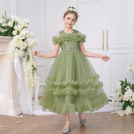 Avocado Green Embroidered Tulle Princess Dress for Girls | Cute Off-Shoulder Flower Girl Gown