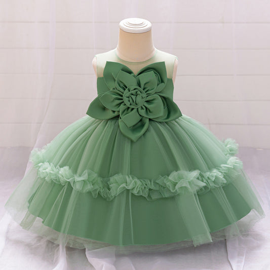 Avocado Green Off-Shoulder Puffy Ball Gown Dress for Girls | Tea-Length Tulle Party Outfit