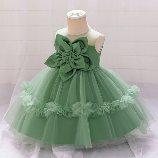 Avocado Green Off-Shoulder Puffy Ball Gown Dress for Girls | Tea-Length Tulle Party Outfit