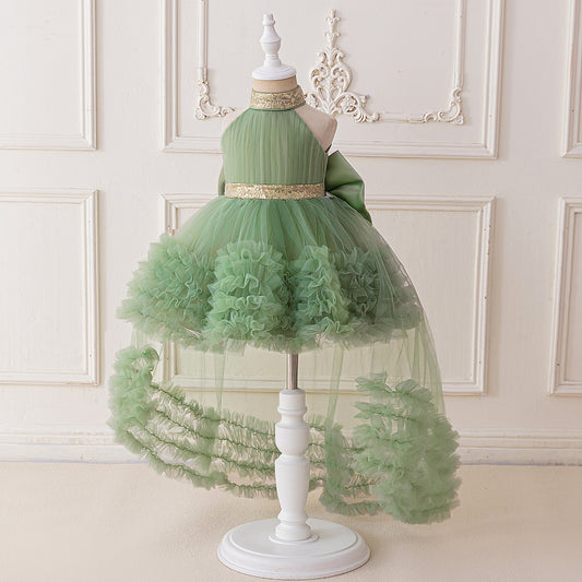 Avocado Green Puffy High-Low Halter Princess Dress for Girls (3-10 Years)