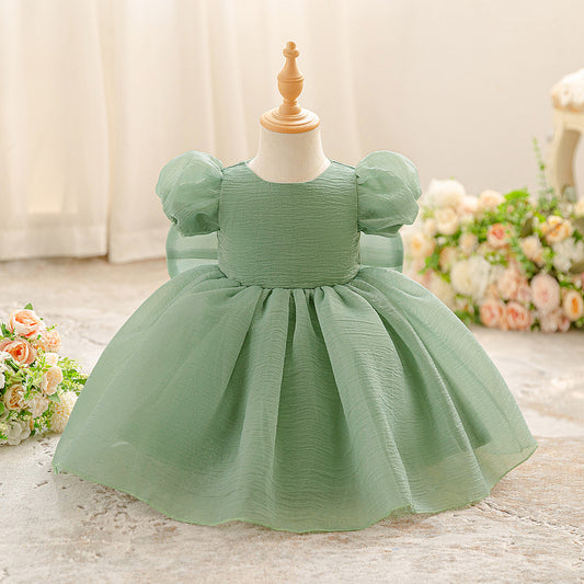 Avocado Green Puffy Sleeve Princess Dress for Kids – Tea-Length Flower Girl Ball Gown