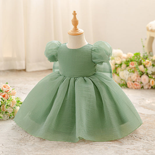 Avocado Green Puffy Sleeve Princess Dress for Kids – Tea-Length Flower Girl Ball Gown