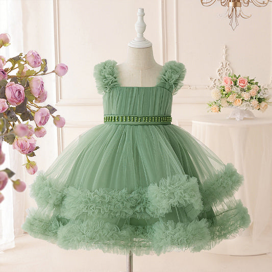 Avocado Green Puffy Princess Dress - Tea Length Tulle Ball Gown for Girls