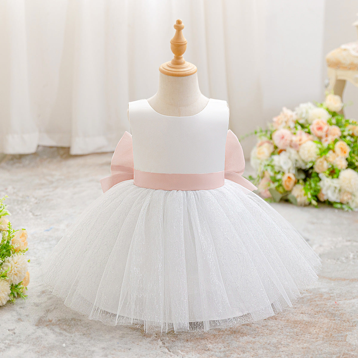 Frocklet Cute White Puffy Ball Gown Baby Dress with Bowknot – Perfect for Parties & Flower Girls 1
