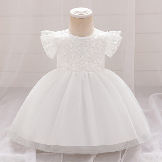 Puffy Lace Baby Dress with Flutter Sleeves – Tea Length White Party Gown for 0-24 Months
