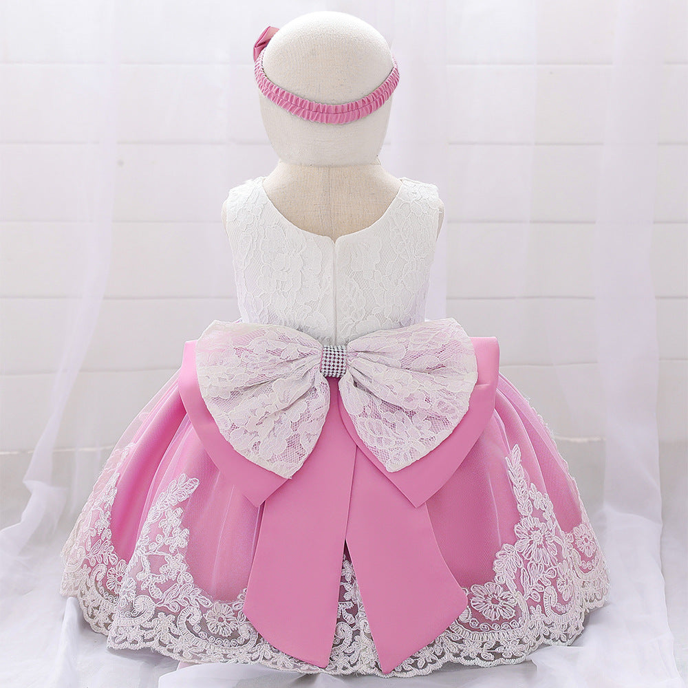 Baby Puffy Party Dress with Bow & Lace – Tea Length Mesh Gown for Infants