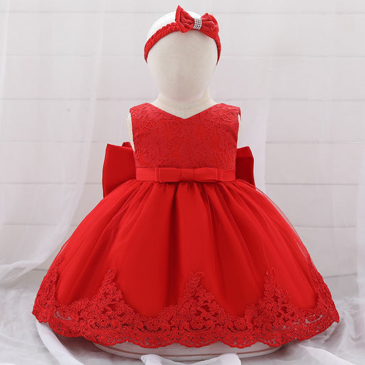Baby Puffy Party Dress with Bow & Lace – Tea Length Mesh Gown for Infants