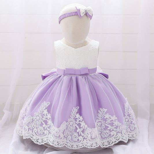Baby Puffy Party Dress with Bow & Lace – Tea Length Mesh Gown for Infants