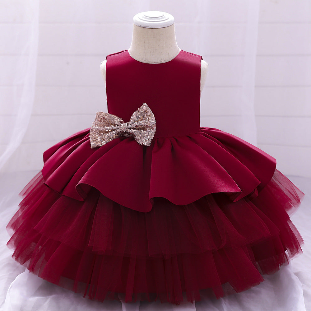 Cute Puffy Ball Gown Baby Princess Dress with Bow & Sequins – Perfect for Parties & Weddings