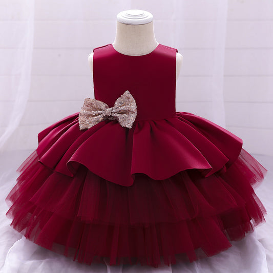 Cute Puffy Ball Gown Baby Princess Dress with Bow & Sequins – Perfect for Parties & Weddings