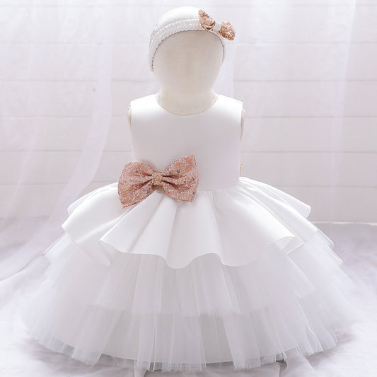 Cute Puffy Ball Gown Baby Princess Dress with Bow & Sequins – Perfect for Parties & Weddings
