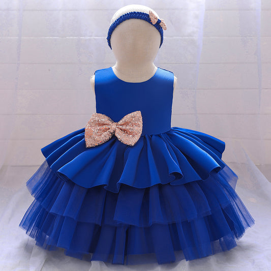 Cute Puffy Ball Gown Baby Princess Dress with Bow & Sequins – Perfect for Parties & Weddings