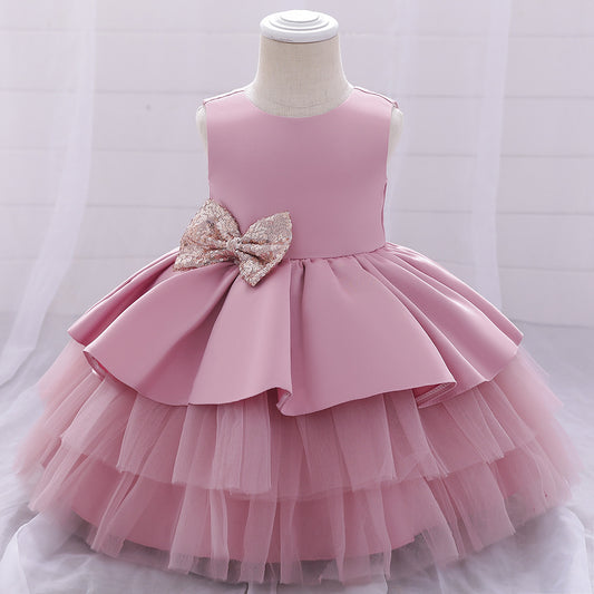 Cute Puffy Ball Gown Baby Princess Dress with Bow & Sequins – Perfect for Parties & Weddings