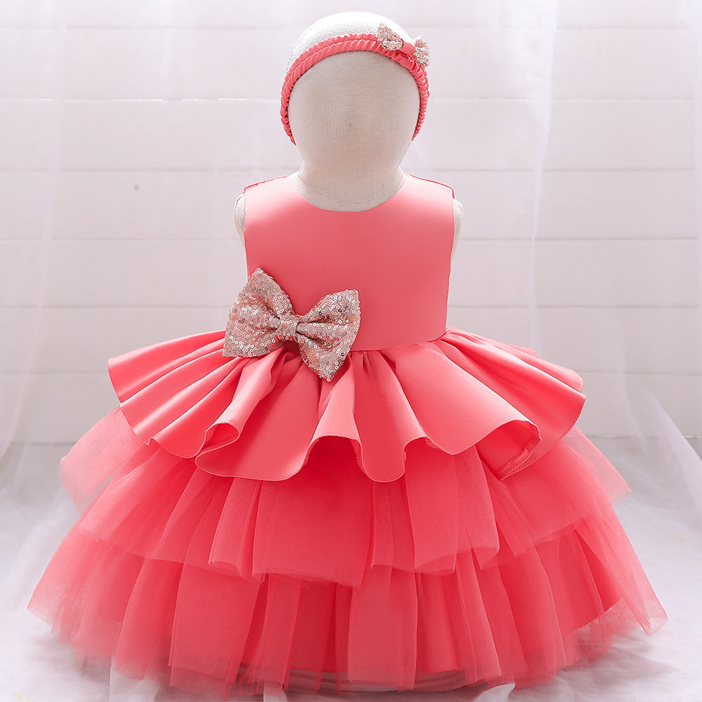 Cute Puffy Ball Gown Baby Princess Dress with Bow & Sequins – Perfect for Parties & Weddings