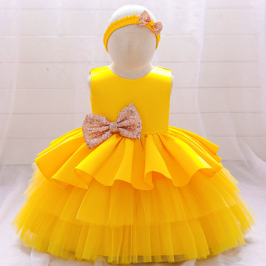 Cute Puffy Ball Gown Baby Princess Dress with Bow & Sequins – Perfect for Parties & Weddings