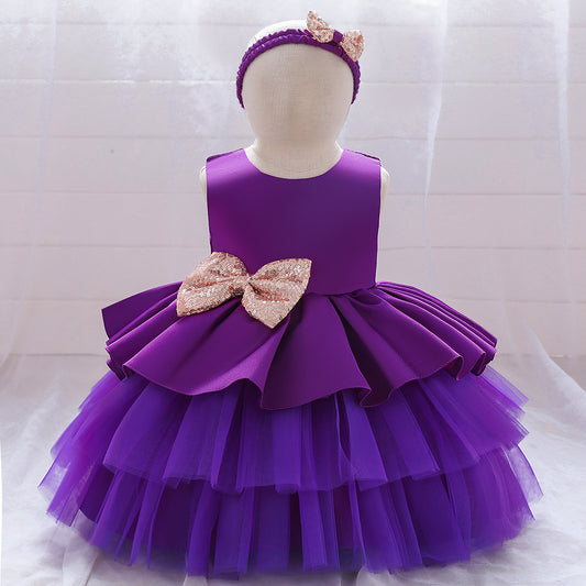 Cute Puffy Ball Gown Baby Princess Dress with Bow & Sequins – Perfect for Parties & Weddings