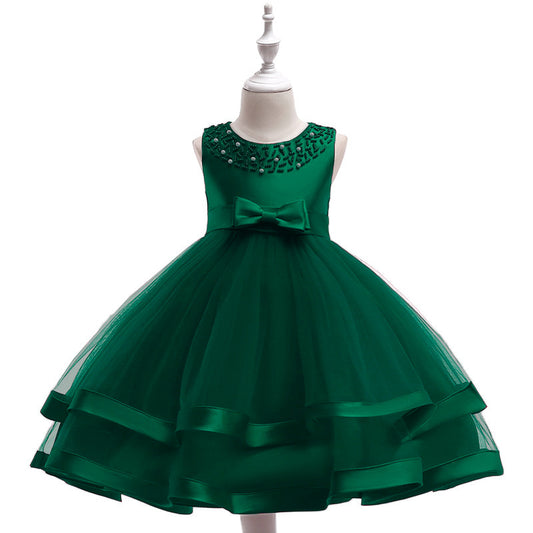 Puffy Beaded Bow Princess Dress for Girls | Tea-Length Kids Formal Gown