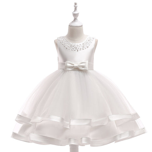 Puffy Beaded Bow Princess Dress for Girls | Tea-Length Kids Formal Gown