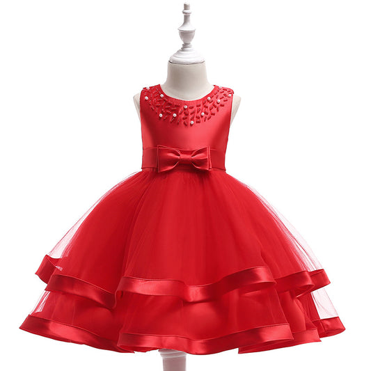 Puffy Beaded Bow Princess Dress for Girls | Tea-Length Kids Formal Gown