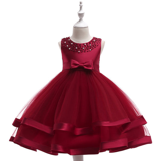 Puffy Beaded Bow Princess Dress for Girls | Tea-Length Kids Formal Gown