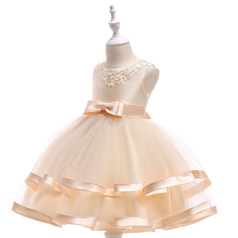 Puffy Beaded Bow Princess Dress for Girls | Tea-Length Kids Formal Gown