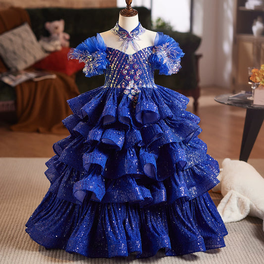 Blue Princess Maxi Dress for Girls with Sequins – Party & Flower Girl Gown