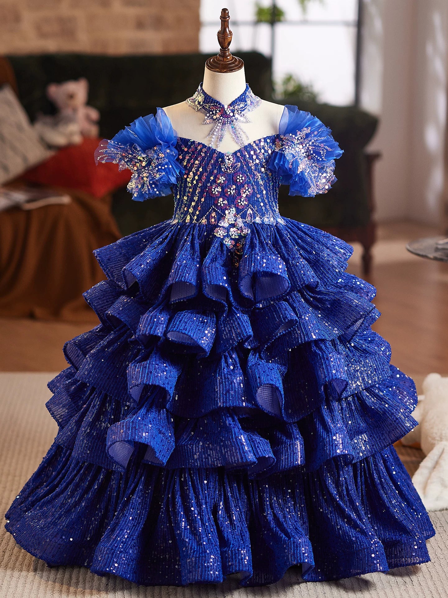 Blue Princess Maxi Dress for Girls with Sequins – Party & Flower Girl Gown