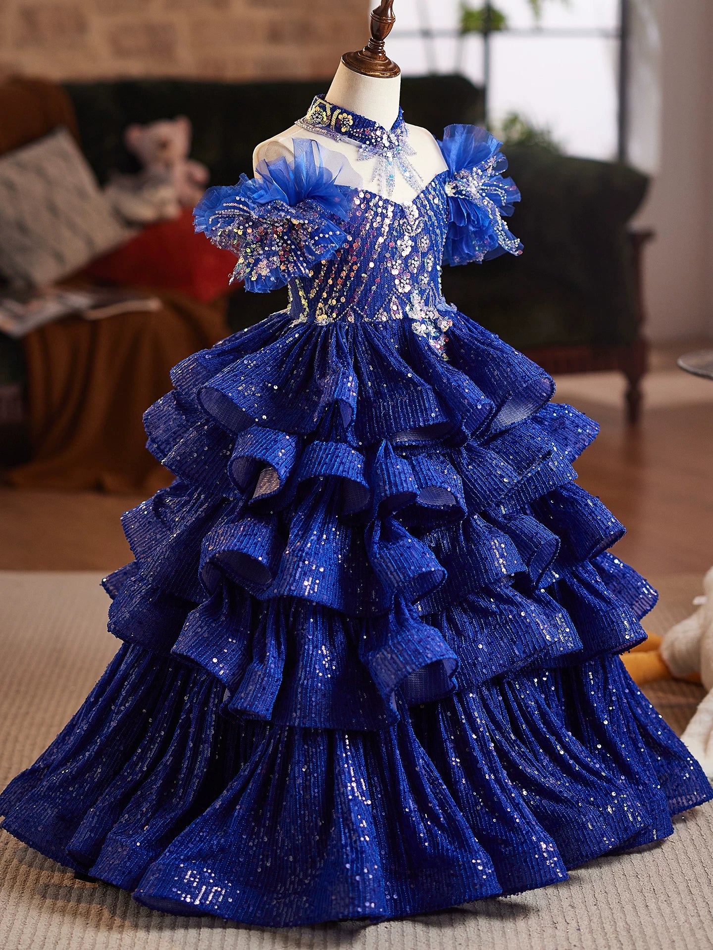 Blue Princess Maxi Dress for Girls with Sequins – Party & Flower Girl Gown