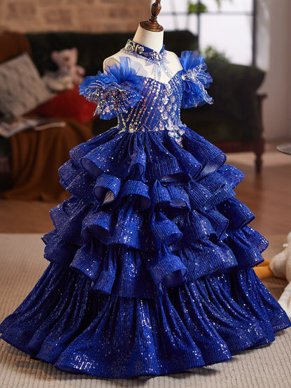 Blue Princess Maxi Dress for Girls with Sequins – Party & Flower Girl Gown