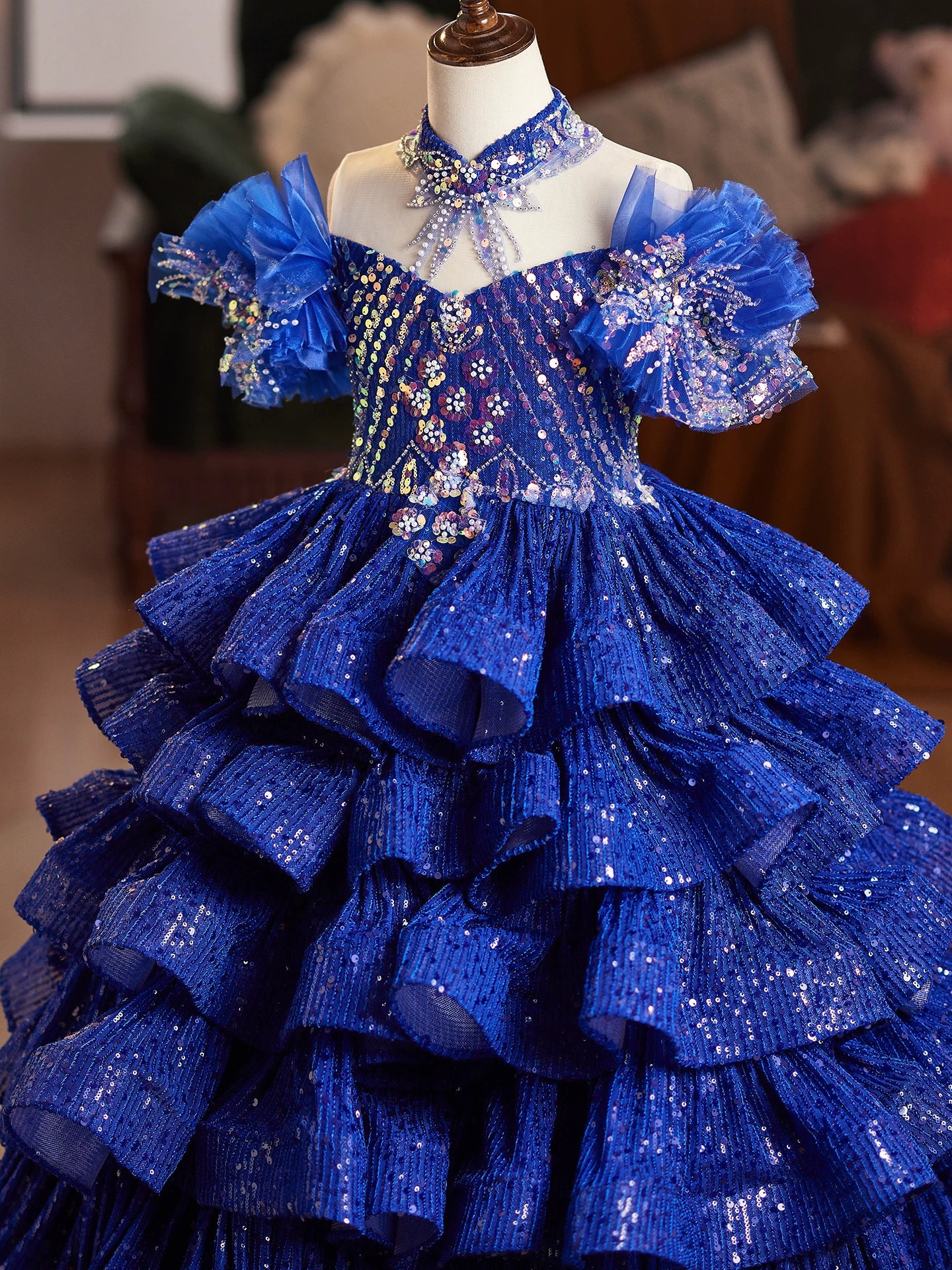 Blue Princess Maxi Dress for Girls with Sequins – Party & Flower Girl Gown