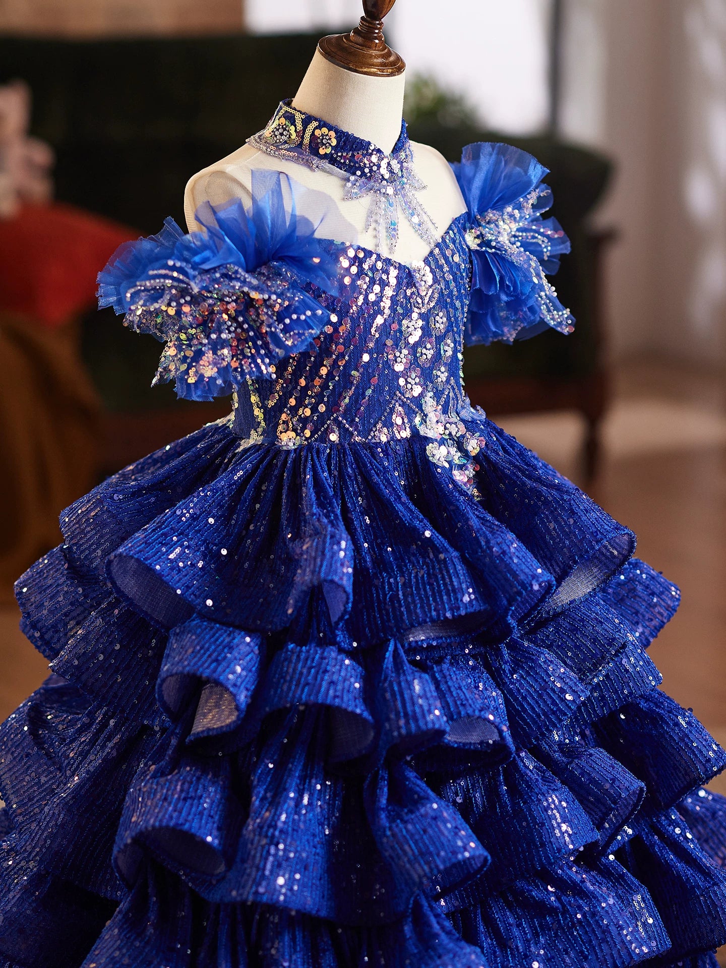 Blue Princess Maxi Dress for Girls with Sequins – Party & Flower Girl Gown
