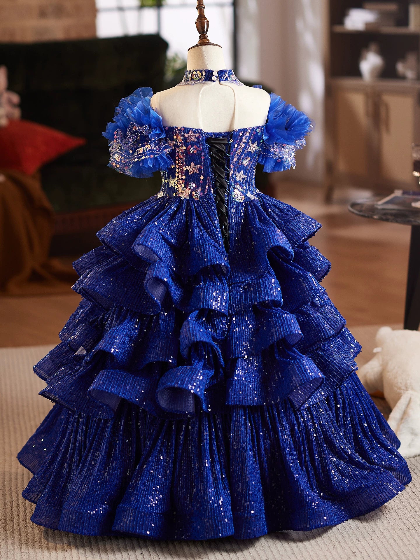 Blue Princess Maxi Dress for Girls with Sequins – Party & Flower Girl Gown